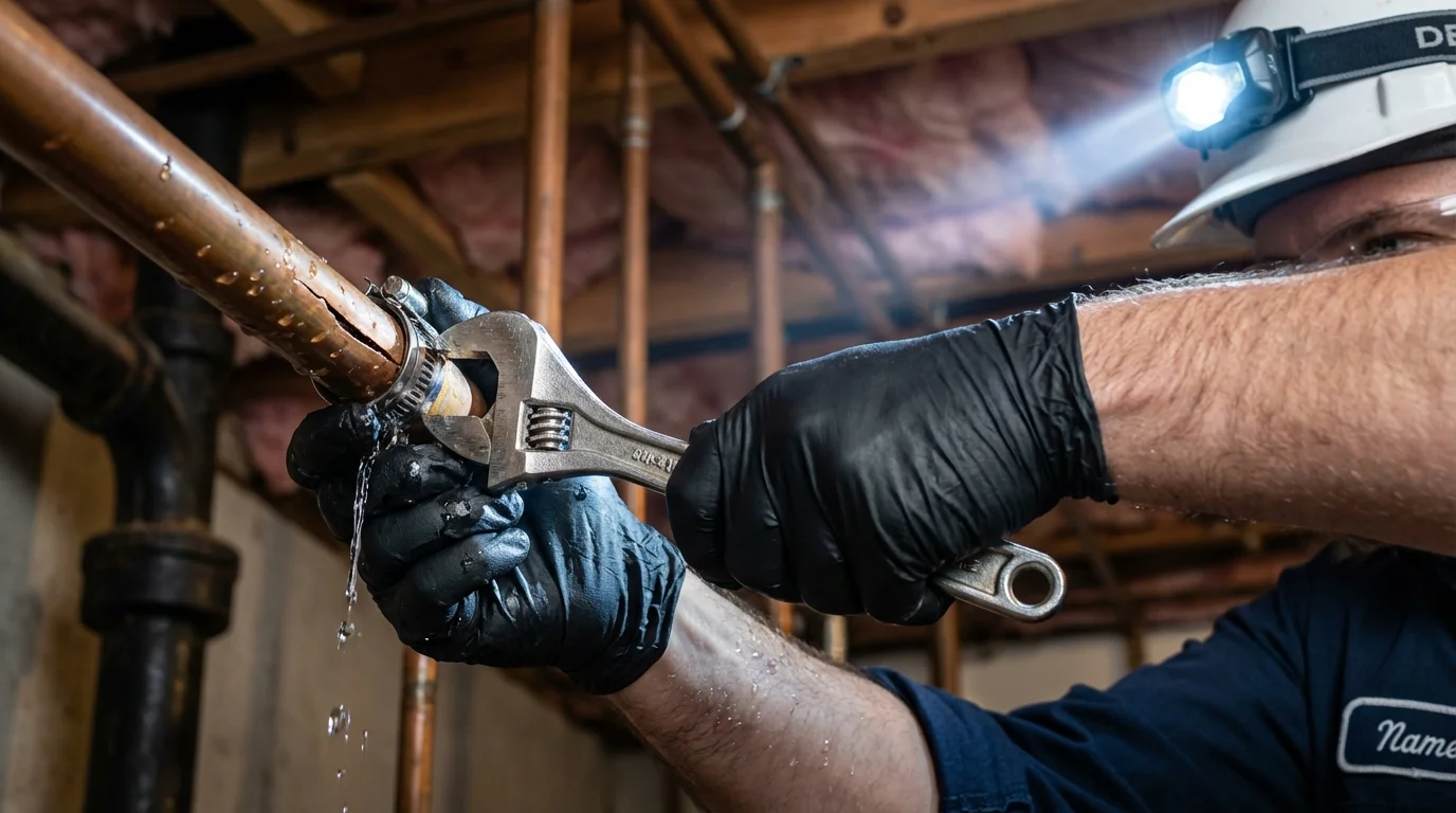 Emergency pipe clamp repair being performed by a Johns Plumbing LLC plumber in Johnson City