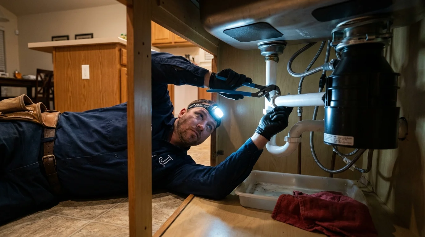 P-trap and supply line connections under a kitchen sink showing a common leak point in Johnson City, TN